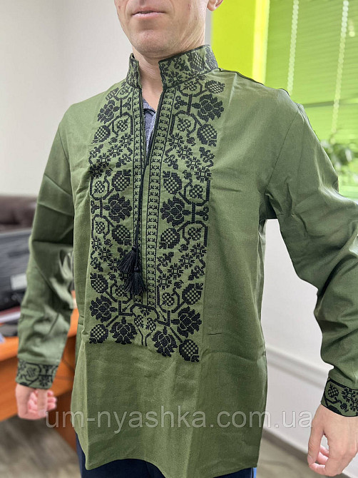 Мужская льняная вышиванка хаки Всеволод Кривой Рог - изображение 1