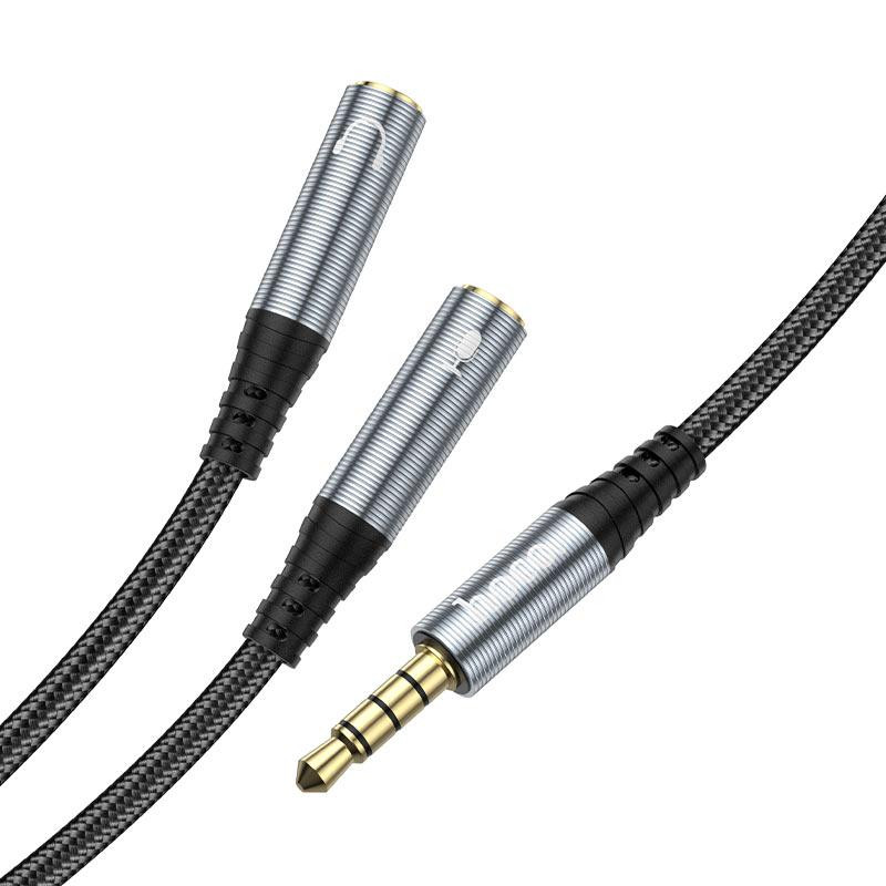 Аудио кабель HOCO UPA21 3.5mm male to 2*3.5mm female, nylon braid, 0.25m, Metal Gray Одесса - изображение 3