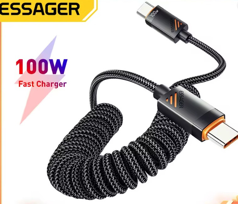 Кабель пружинний Essager Type-C to Type-C 100W PD швидка зарядка і передача даних (1.8м) Миколаїв - фото 1
