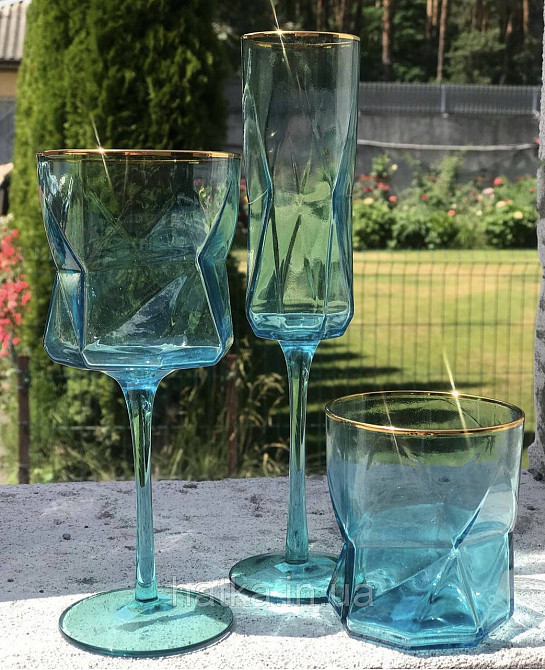 Стакан для віскі соку "Блакита Геометрія" 360 мл блакитний із золотим мішком Київ - фото 2