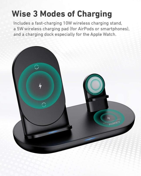 Бездротова зарядна станція 3 в 1 Aukey LC-A3 для iPhone, Apple Watch, AirPods Швидка зарядка Qi 10W Київ - фото 7