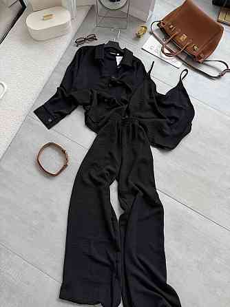 Жіночий легкий прогулянковий костюм-трійка: сорочка майка та штани креп жатка Чорний, 42/46 Одеса