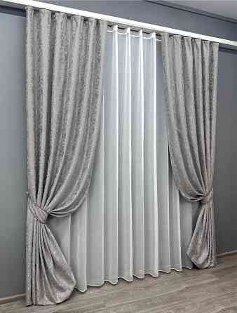 Комплект штор VR-Textil Лен Мрамор 150х270 2шт и Тюль 400х270 1714ш-1276т Серый с белым 71-009/3 Киев