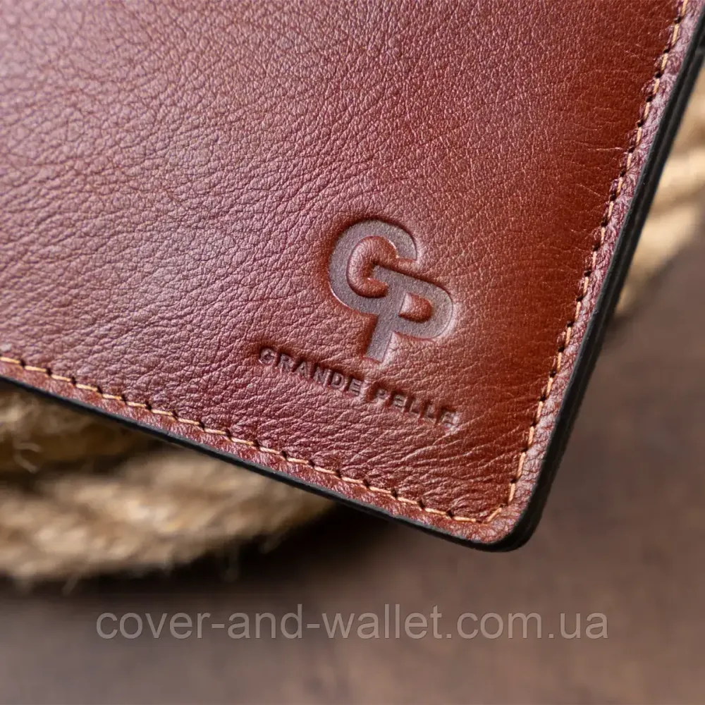 Коричневый мужской кожаный кошелек ручной роботы на магнитах Grande Pelle Киев - изображение 7