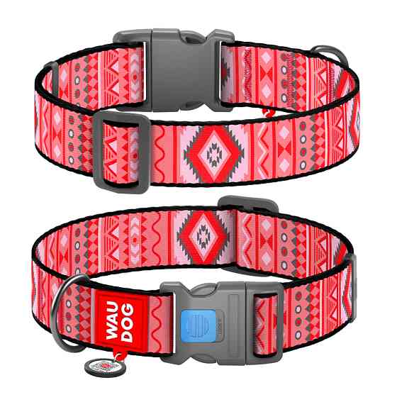Нашийник для собак нейлоновий WAUDOG Nylon з QR паспортом, малюнок "Етно червоний", пластиковий Коломыя