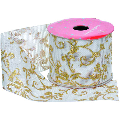 Лента на елку Jumi джутовая 6,3 см x 2,7 м, белая с золотым узором. (5900410318816) Винница - изображение 1