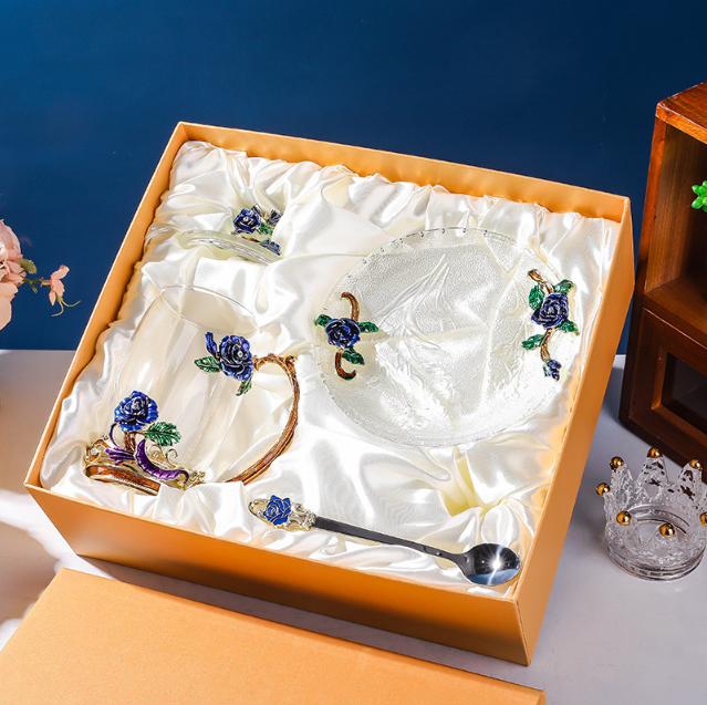 Чашка термостойкая 350 мл с ложечкой блюдцем и крышечкой Чайная пара Синяя роза Подарочная упаковка Кременчуг - изображение 1