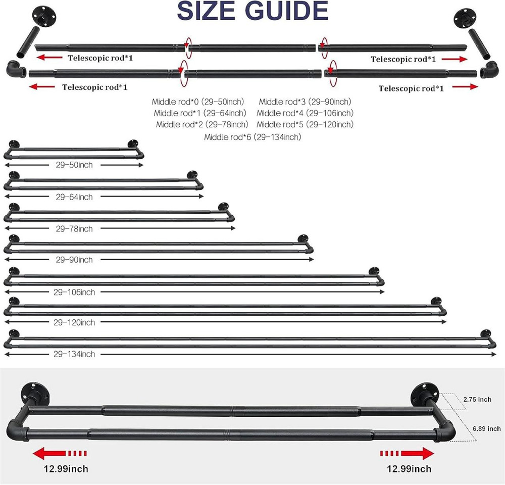 Дворядний карниз FLY HAWK 73-162 см, регульований, з фланцевими наконечниками, матовий чорний, з нержавіючої сталі Київ - фото 3