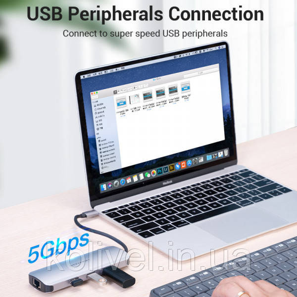 Док-станція USB3.1 Type-C --> HDMI/USB 3.0x3/RJ45/SD/TF/TRRS 3.5mm/PD 100W Hub 9-in-1 Vention (TOLHB) Київ - фото 7