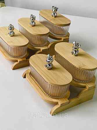 Набір для зберігання "Три ведмеді" скляна з бамбуковою кришкою та підставкою 350 мл Київ