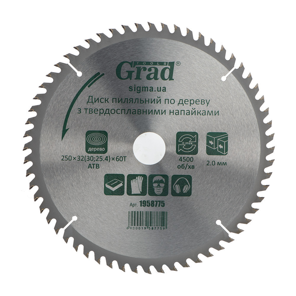 Диск пильный по дереву с твердосплавными напайками 250×32(30;25.4)×60T GRAD (1958775) Ровно - изображение 1