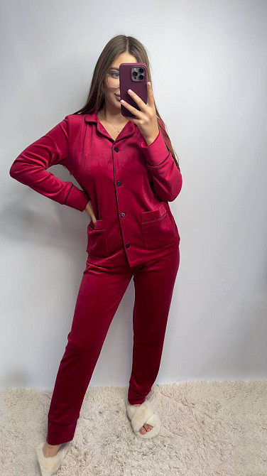 Костюм из плюшевого велюра на пуговицах с двумя карманами Вишневый L Харьков - изображение 1