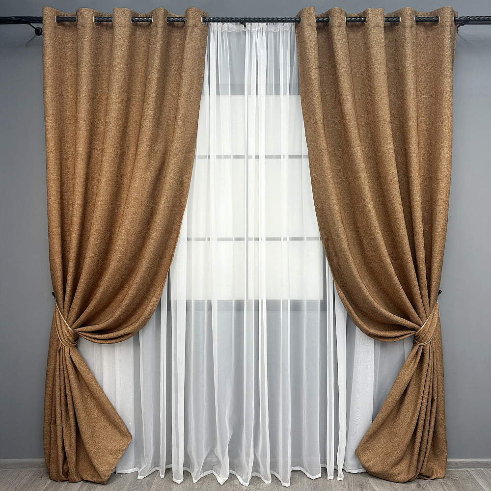 Комплект штор на люверсах VR-Textil Льон ELEMENTA № 1865ш Світло-коричневий 150х270см 2 шт (37-0274) Київ - фото 2