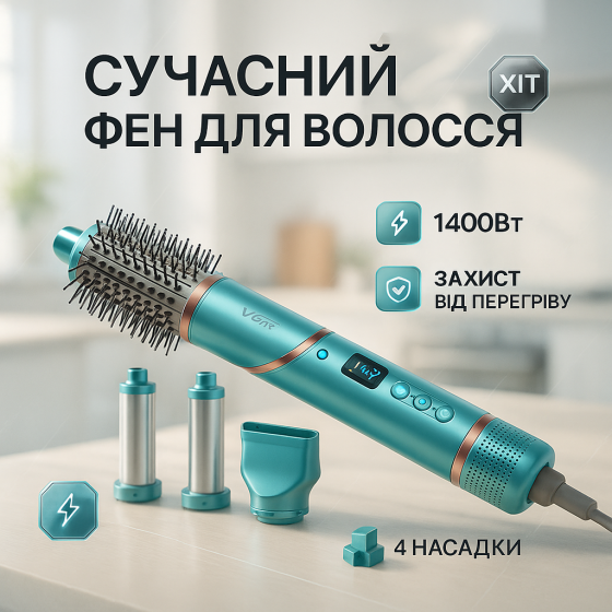 Професійний фен з іонізацією і термозахистом VGR 4 в 1 V-474, Фен-брашинг для волосся IH-58 Львів