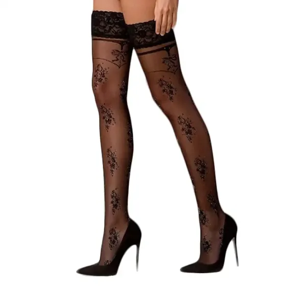 Панчохи Passion ST119 3/4 black, ажурна силіконова резинка з квітковим декором і люрексовою ниткою Львів