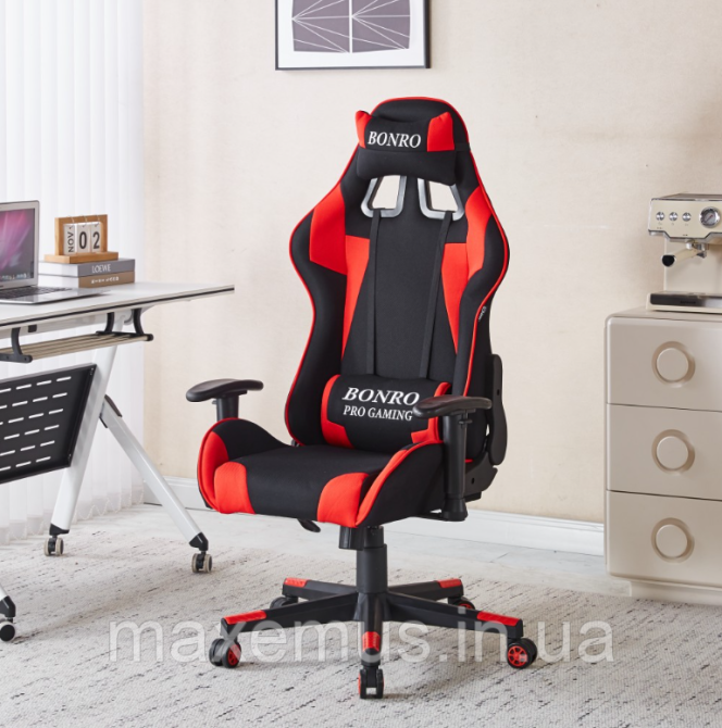 Кресло геймерское из ткани с регулировкой подлокотников B-142 компьютерное кресло для геймера черно-красное Мостиска - изображение 1