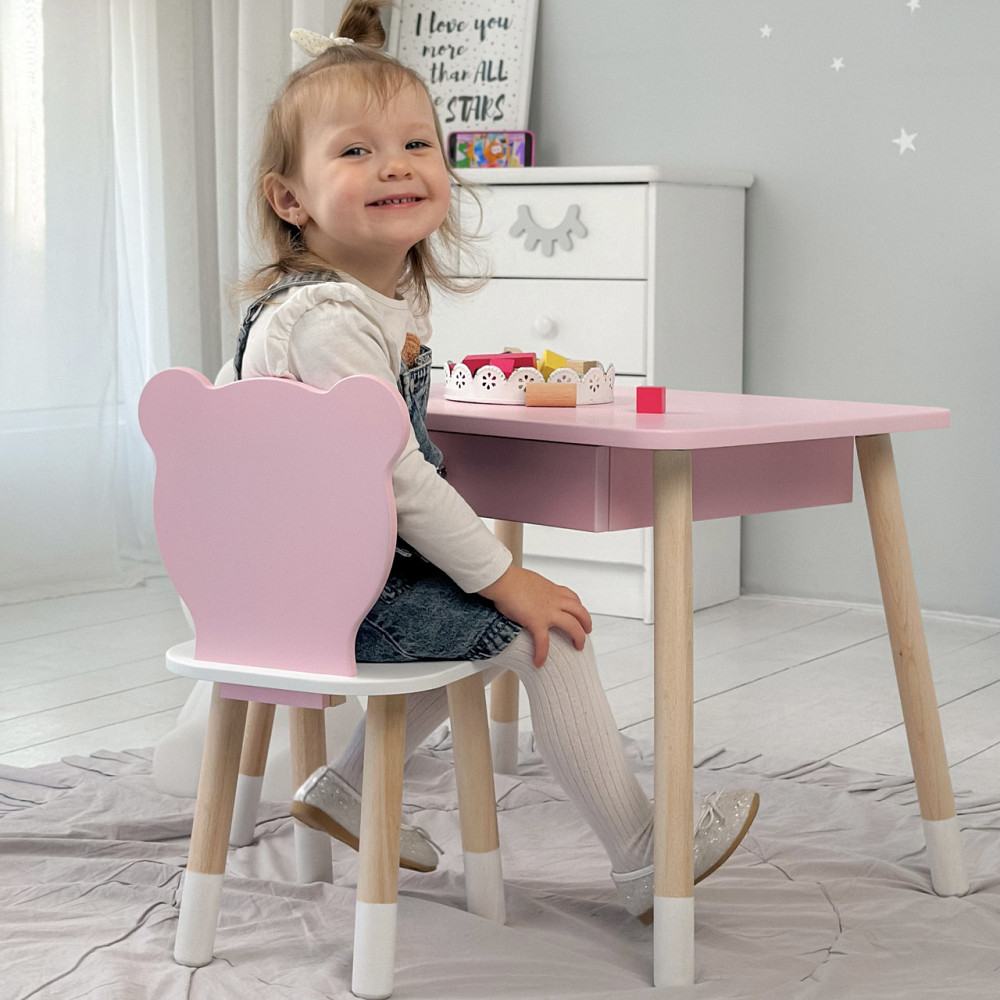 Стіл прямокутний з шухлядою 46х60х45 і стілець медвежа 26х26х24, столик та стільчик для дитячої кімнати, рожевий з білим Київ - фото 9