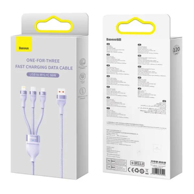 Кабель Baseus Flash Series Ⅱ One-for-three Fast Charging Data Cable USB to M+L+C 66W 1.2m Purple Киев - изображение 2