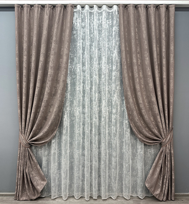Комплект штор VR-Textil Жакард Мармур 100х270 2шт і Тюль 300х270 1669ш-1400т Какао з білим 71-008/1 Київ - фото 1