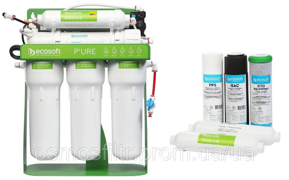 Фільтр зворотного осмосу Ecosoft P’URE BALANCE з помпою + комплект картриджів 6 міс (MO675MBALPSECO+CHV5PUREBA) Київ - фото 1