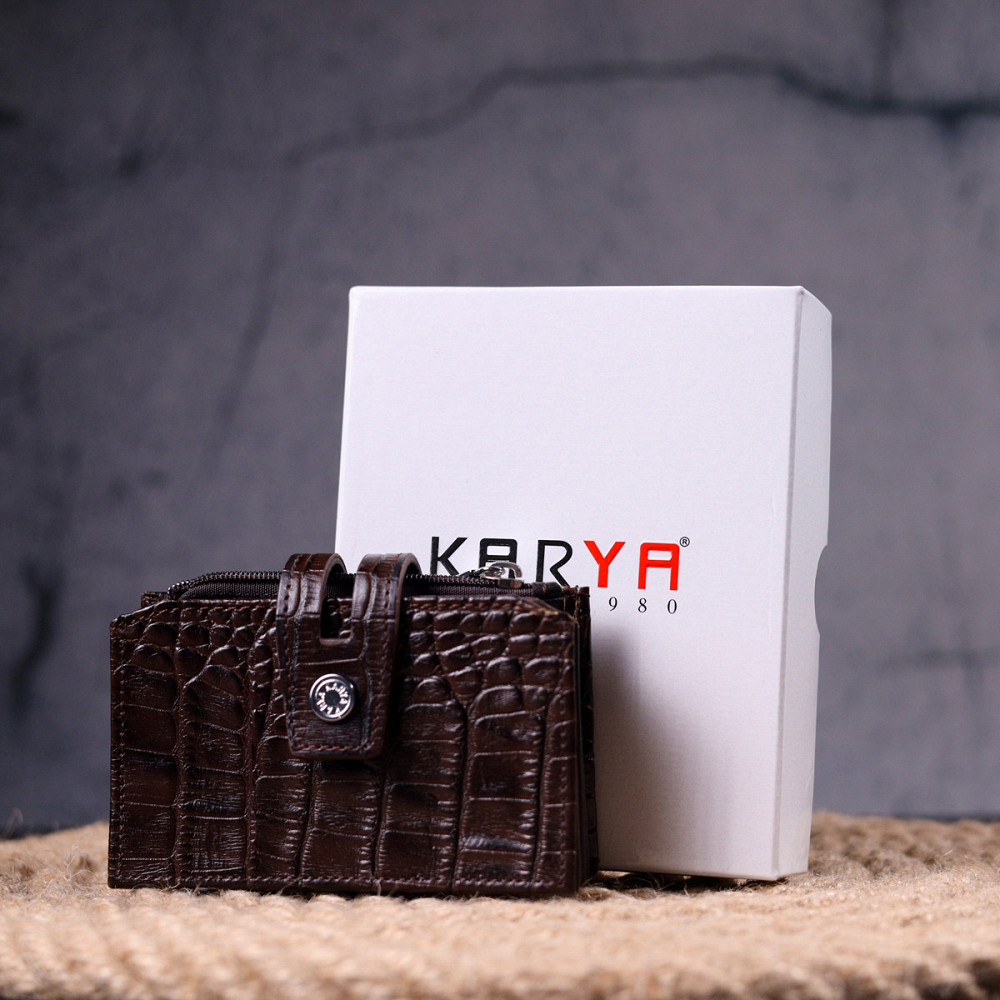 Оригінальний картхолдер із натуральної шкіри з тисненням під крокодила KARYA 21330 Коричневий Київ - фото 8