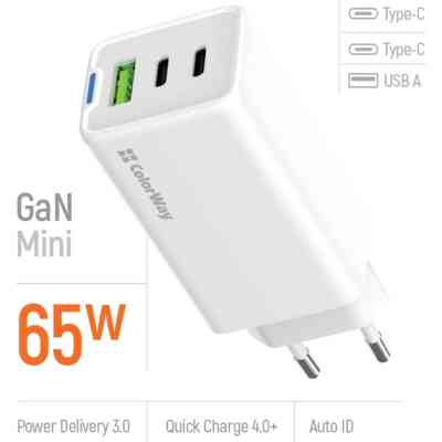 Зарядний пристрій ColorWay GaN Mini 65W PD Port PPS USB (USB-2C1A) white (CW-CHS058PD-WT) Вінниця