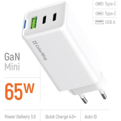 Зарядний пристрій ColorWay GaN Mini 65W PD Port PPS USB (USB-2C1A) white (CW-CHS058PD-WT) Вінниця - фото 2
