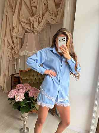 Женский стильный летний льняной костюм с кружевом Голубой, 42/46 Одесса