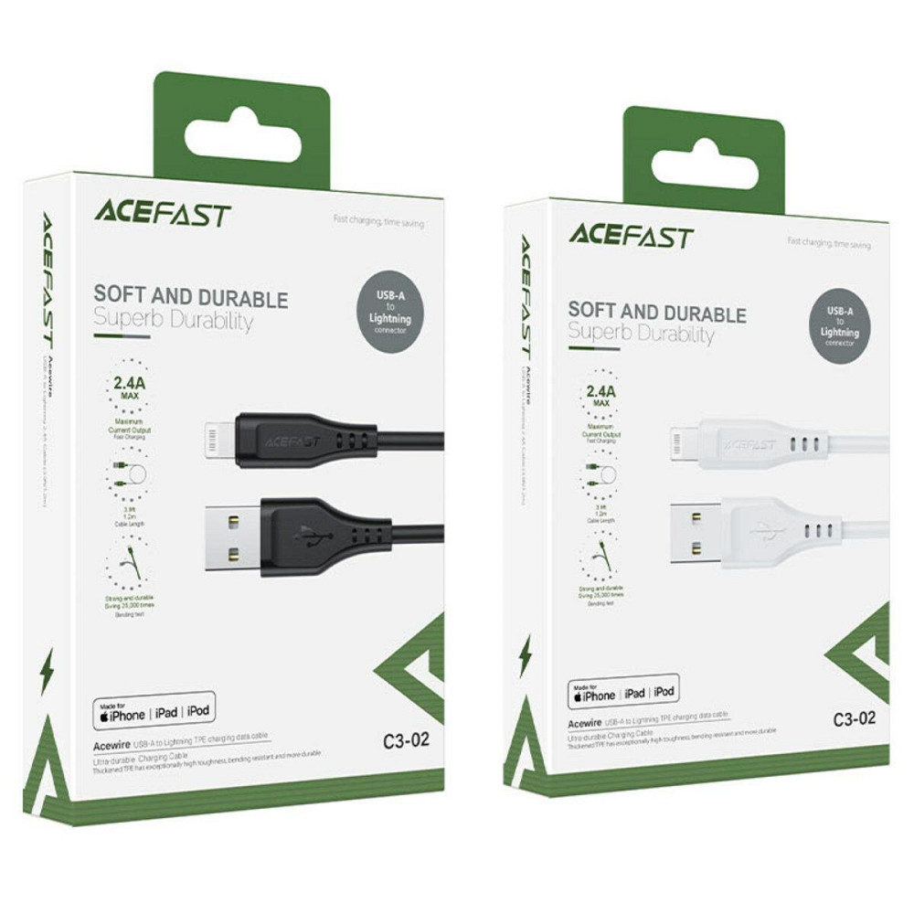 Кабель ACEFAST C3-02 USB - Lightning 2.4A, 1.2m, TPE, TPE конектори, колір чорний AFC3-02B Одеса - фото 3