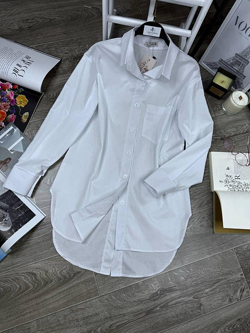 Женская базовая удлиненная рубашка с пуговицами по спине турецкий коттон Белый, 46/48 Одесса - изображение 1