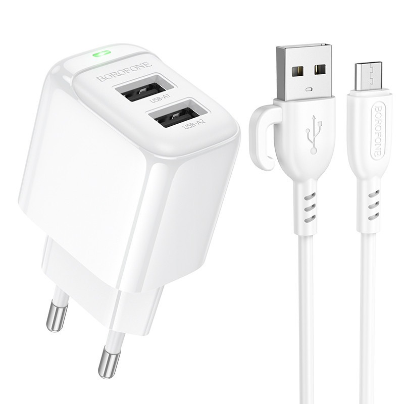 Мережевий зарядний пристрій з кабелем BOROFONE BAS41A Potential dual-port charger set(Micro) White Одеса - фото 1