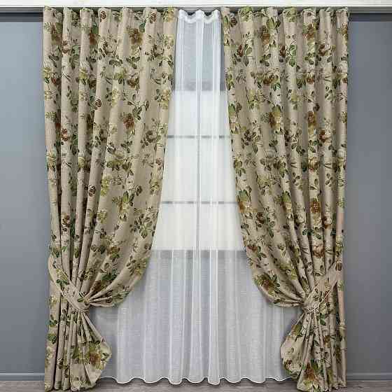 Комплект штор VR-Textil Лен Прованс 200х270 2шт и Тюль 600х270 2081ш-115т Бежевый с коричневым и белым 71-216/7 Киев