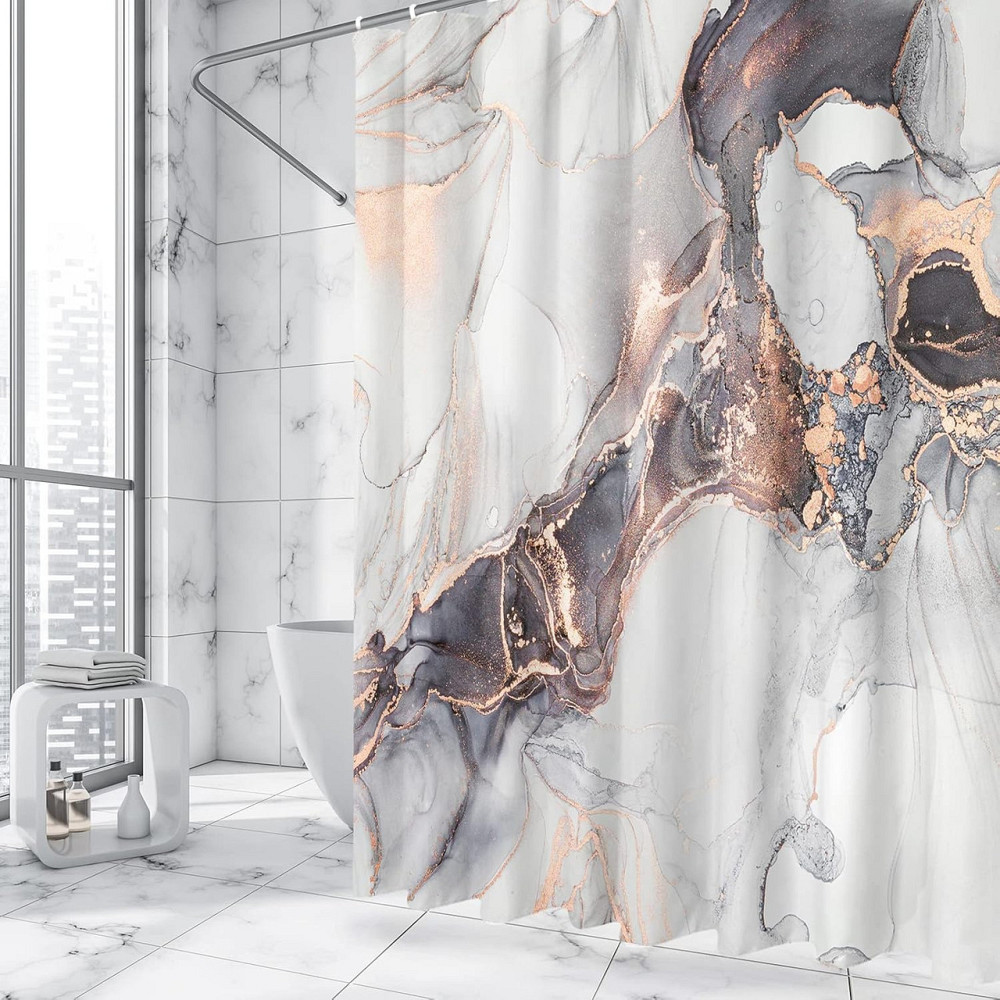 Шторка для ванної та душу 180x180 см водостійка, шторка для ванної кімнати з кільцями і гачками, з мармурово-золотим принтом Кам'янець-Подільський - фото 4