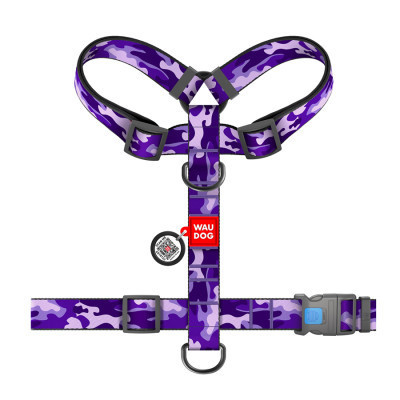 Шлей для собак WAUDOG Nylon анатомическая H-образная с QR-паспортом "Фиолетовый камо" пластиковый фастекс XL (323-0003) Винница - изображение 2
