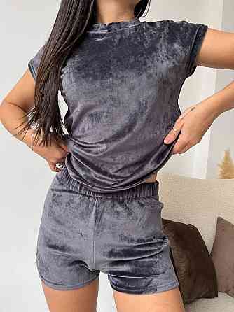 Жіночий домашній костюм-трійка: футболка штани + шорти плюш-велюр Графіт, 46/48 Одеса