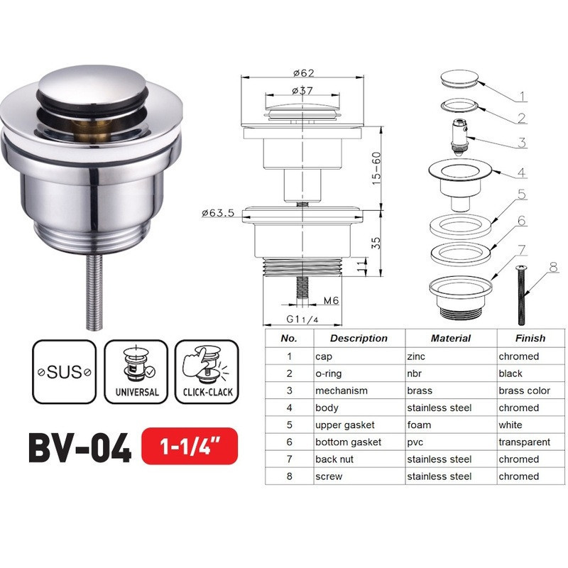 Донний клапан для раковини Zerix BV-04 1 1/4''  універсальний  СLICK-СLACK Колір хром ( 11608 ) Харьков - изображение 7