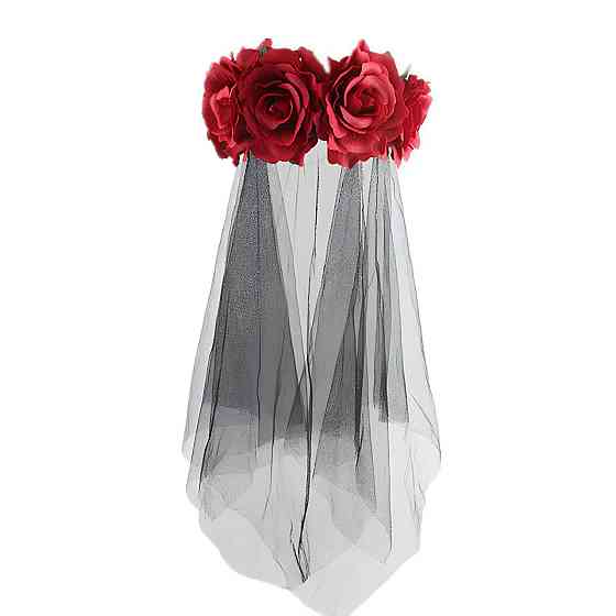 Обруч с розами и черной фатой RESTEQ. Ободок с розами и фатой. Обруч с красными розами и фата на Хэллоуин. Украшение для волос Киев