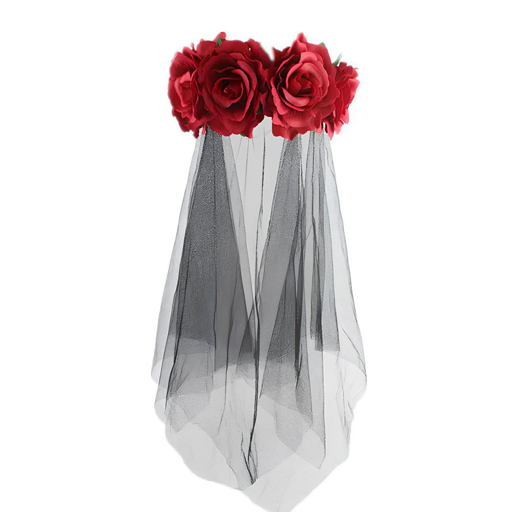 Обруч с розами и черной фатой RESTEQ. Ободок с розами и фатой. Обруч с красными розами и фата на Хэллоуин. Украшение для волос Киев - изображение 2