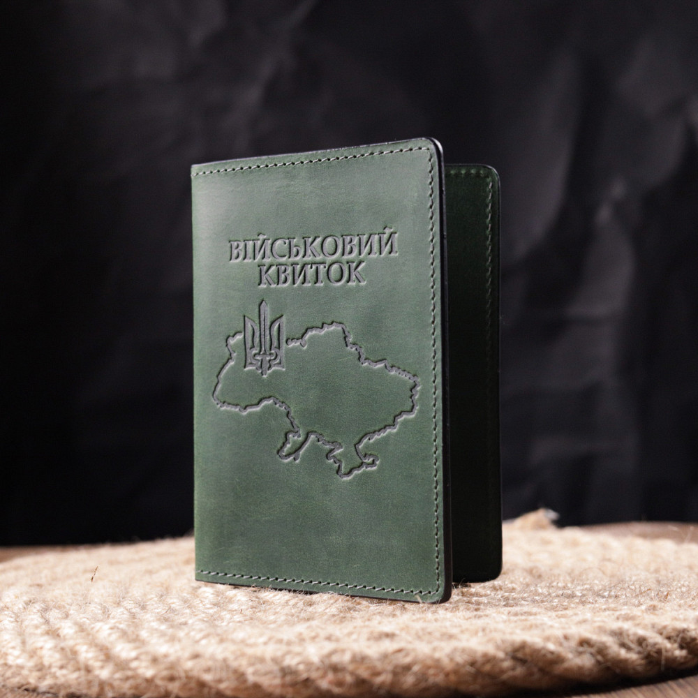 Чудова шкіряна обкладинка на військовий квиток Карта GRANDE PELLE 16783 Зелений Київ - фото 5