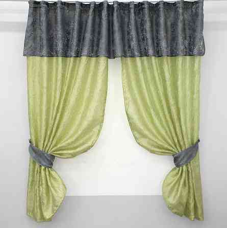 Кухонные шторы VR-Textil № 073к с ламбрекеном и подхватами салатовый с графитовым 290х170 см (52-0153) Киев