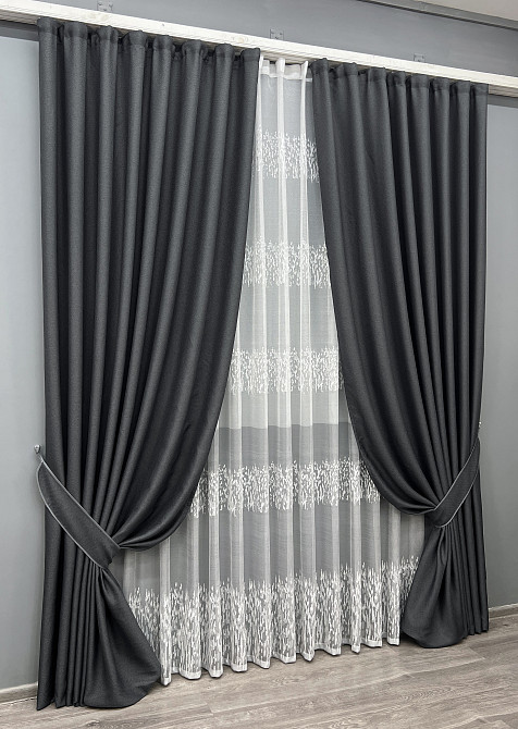 Комплект штор VR-Textil Льон Мішковина 200х270 2шт і Тюль 500х270 1161ш-1675т Графітовий з білим 71-164/6 Київ - фото 2