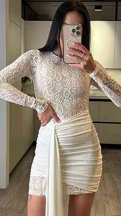 Женское романтичное мини платье со шлейфом кружево + трикотажная подкладка Молочный, 42/44 Одесса