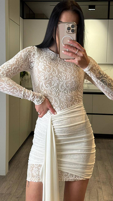 Женское романтичное мини платье со шлейфом кружево + трикотажная подкладка Молочный, 42/44 Одесса - изображение 1