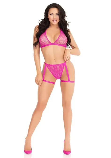 Комплект Leg Avenue Lace Bra Top and Panty with Garters One Size Pink Львов - изображение 2