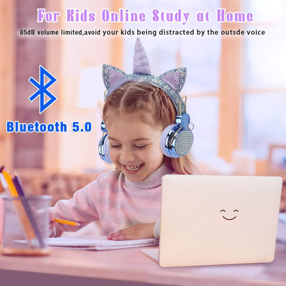 Бездротові навушники Bluetooth Єдиноріг зі стразами для дівчаток, дитячі навушники з мікрофоном, Уцінка (без пакування) Київ