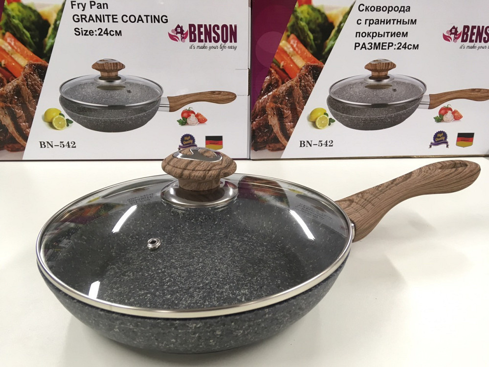 Сковородка с крыкой 24см гранитное покр. с серым  BENSON BN-542 (8 шт) Одесса - изображение 1