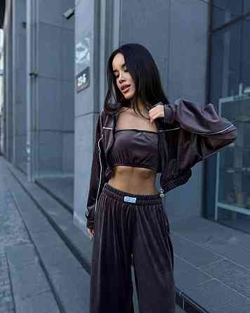 Жіночий теплий стильний костюм-трійка з м'якого велюру. Шоколад, 42/44 Одеса