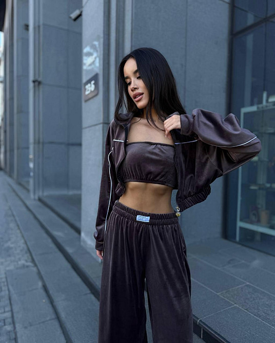 Женский теплый стильный костюм тройка из мягкого велюра. Шоколад, 42/44 Одесса - изображение 3