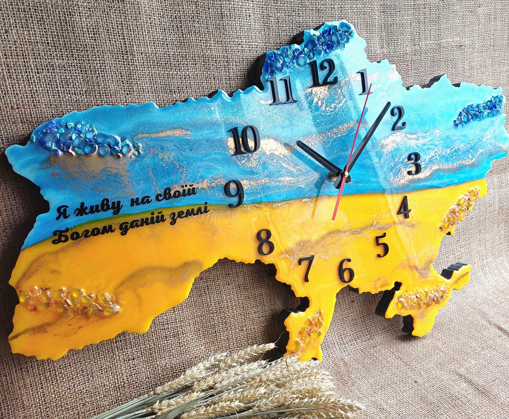 Настінний годинник з епоксидної смоли ручної роботи "Карта України" 40х25 см Дніпро - фото 1