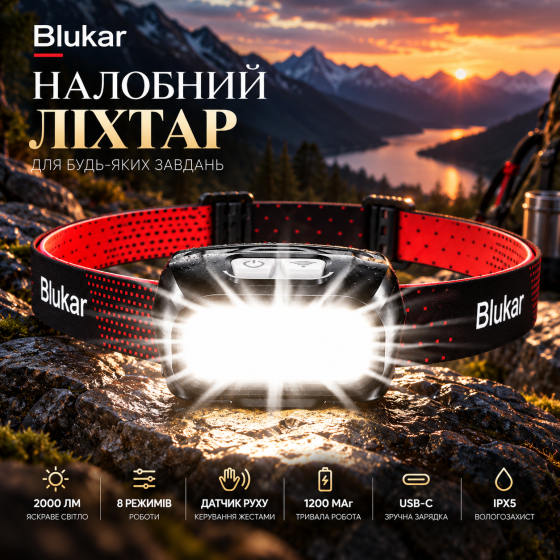 Налобний ліхтар Blukar 2000 лм, COB+XPG, 8 режимів, датчик руху, USB-C, 1200 мАг, IPX5, чорний Київ